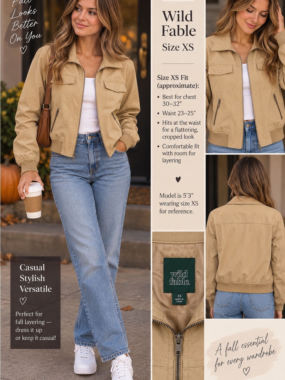 wild fable Khaki Cropped Bomber Jacket